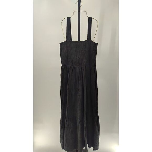 Quince Womens 100% Organic Cotton Gauze Smocked Sleeveless Maxi Dress Black M - Picture 2 of 3